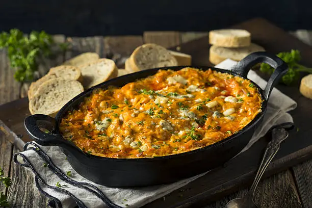 Homemade Buffalo Chicken Dip with Cheese and Crostini