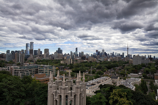 View of Toronto skyline in summer from Casa Loma Castle.