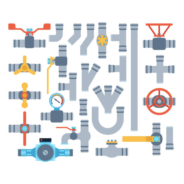 Pipes vector icons isolated. Details pipes different types collection. Vector set of water tube industry, gas valve construction. Oil industrial pressure technology plumbing. Steel factory engineering. gauge pressure gauge pipe valve stock illustrations