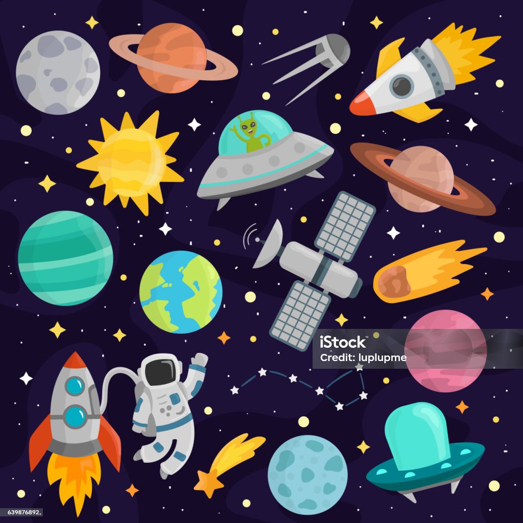 Space cartoon set vector. Space cartoon astronomy spacecraft set vector. Colorful transportation star science planet collection. Spaceship cute technology travel rocket art. Outer Space stock vector
