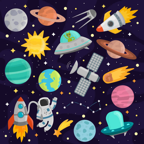 Space cartoon set vector. Space cartoon astronomy spacecraft set vector. Colorful transportation star science planet collection. Spaceship cute technology travel rocket art. outer space stock illustrations