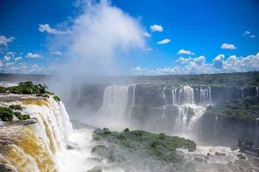 Aerial view of the Iguazu Falls, one of the worlds largest and most impressive waterfalls with bouncing mass of mist in Iguacu National Park, UNESCO World Heritage Site, Foz de Iguacu, Parana State, Brazil