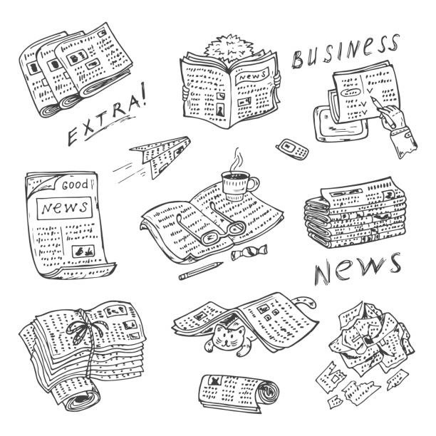 Press. Hand Drawn Doodle Newspaper vector icons. Press. Newspaper vector icons. Newspapers set: stacks and rolls of newspapers and magazines. Hand Drawn Doodles illustration newspaper pile stock illustrations