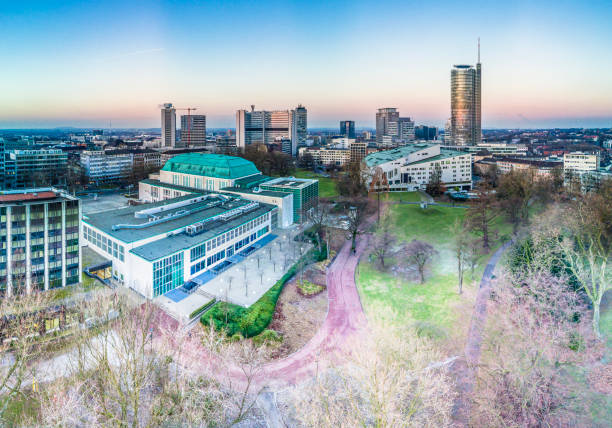 The city skyline of Essen with the municipal garden The city skyline of Essen with the municipal garden, Germany, aerial essen germany stock pictures, royalty-free photos & images