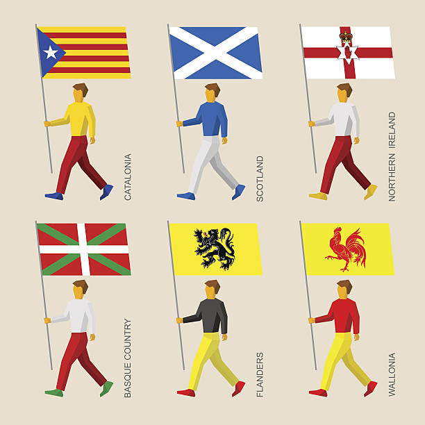 illustrations, cliparts, dessins animés et icônes de personnes avec des drapeaux - catalogne, pays basque, écosse, flandre - flag bearer