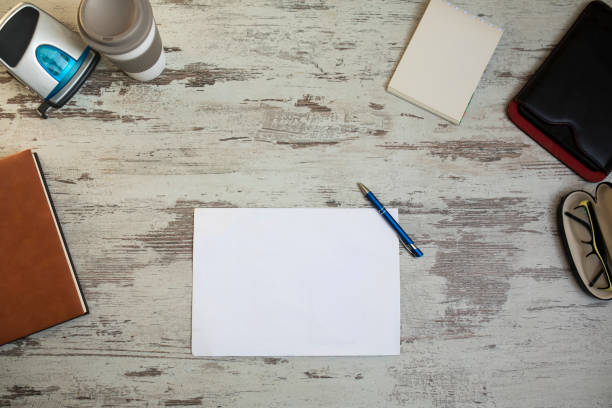 Office Workspace. Top View of a Business Workplace. Wooden Desk Table, Copy space for text or Image