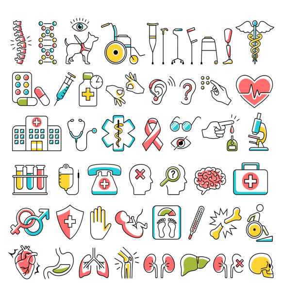 Disability and Medical Icons Signs Isolated on White Disability and Medical Icons Signs Isolated on White Background aids walk stock illustrations