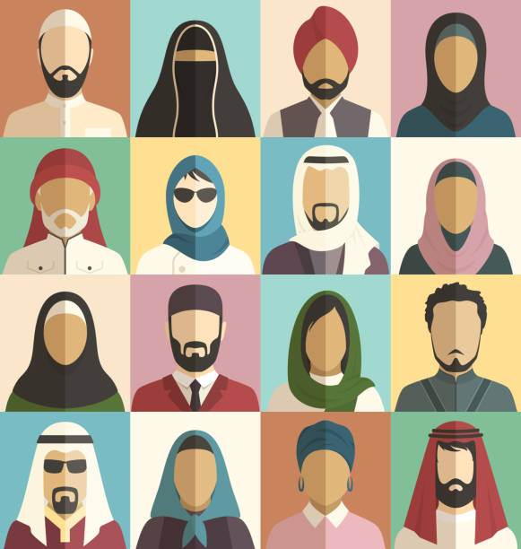 Set of Muslim Islamic People Faces Avatars Characters Icons Set of Muslim Islamic People Faces Avatars Characters Flat Icons burka stock illustrations