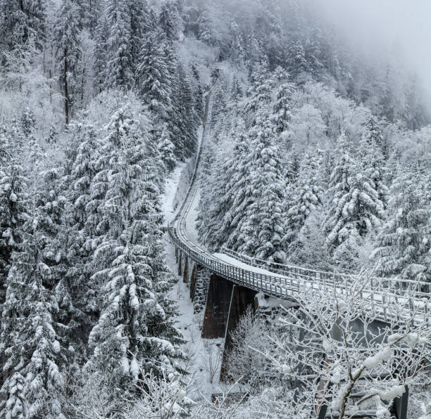 Funicular railway connecting the village of Stoos and the town of Schwyz in Switzerland on a foggy day in winter.