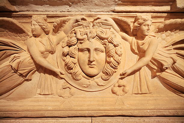 medallion sarcophagus with medusa head. antalya museum-pamphylia-turkey. 0159 - medusa greek mythology mythology gorgon imagens e fotografias de stock