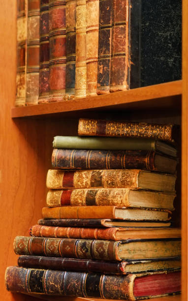 istock Retro books on wooden shelf 639896952