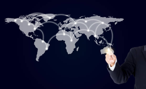 istock Businesswoman pointing with digital network line and circles 639898870