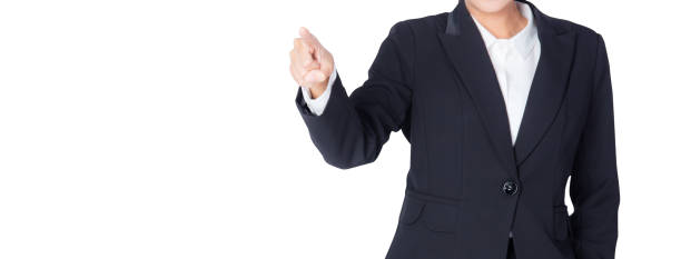 istock Young Buisness woman with finger point up on white background 639898908