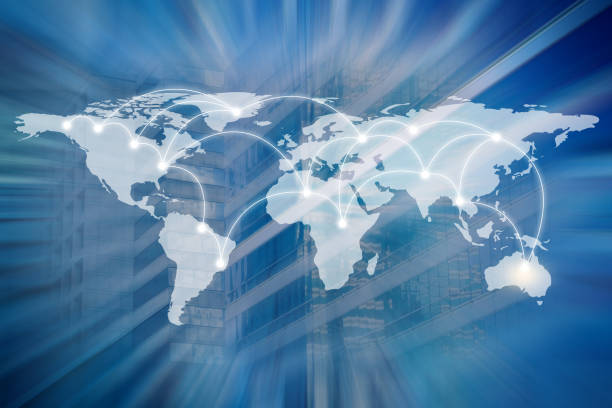 istock World map and network sketch with building background. 639899950
