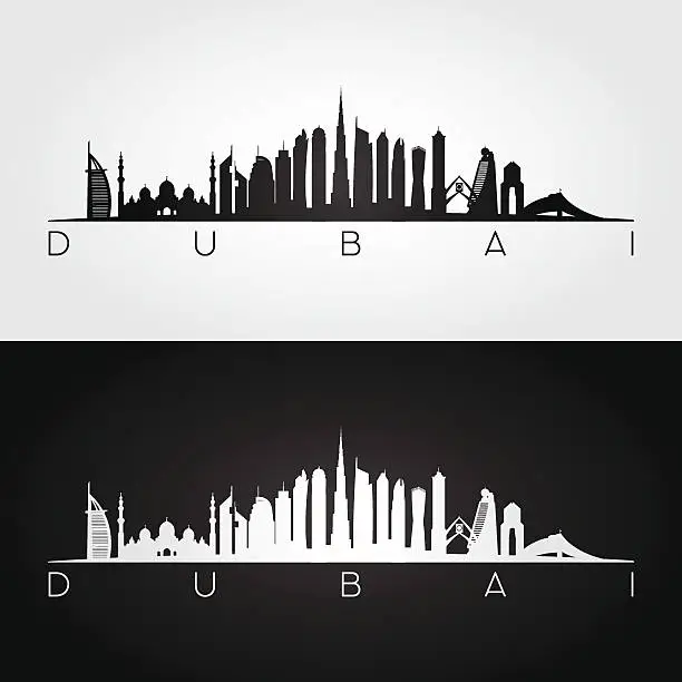 Vector illustration of Dubai UAE skyline and landmarks silhouette.