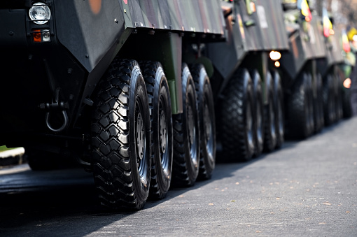 Detail shot with armored vehicle wheels during military parade