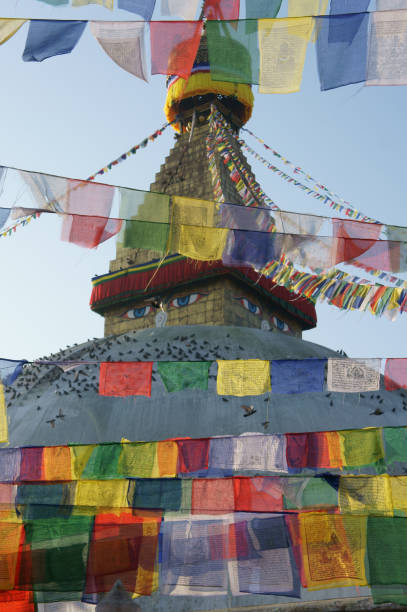istock Buddhist mantra prayer flags at Boudha stupa 639912350