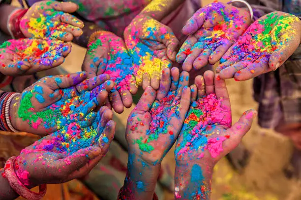 Photo of Group of Indian children playing holi in Rajasthan, India