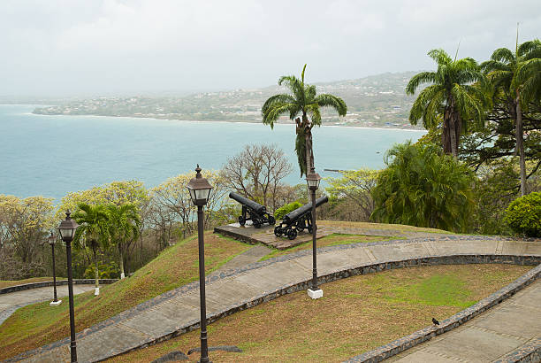 Fort King George and Scarborough in Tobago Scarborough, Tobago - May 1, 2016: The garden and the old cannons on the territory of the Fort King George george south africa stock pictures, royalty-free photos & images