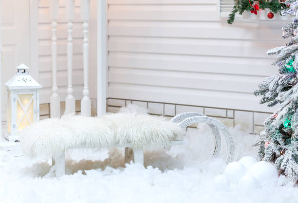 istock old vintage sleigh with fur standing in the snow 639915068