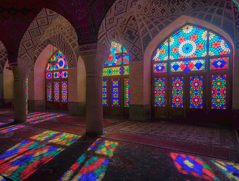 It is known as Masjed-e Naseer ol Molk in Persian and was built in 1876 - 1888. Praying room of the beautiful Nasir Al-Mulk Mosque or Pink Mosque a traditional mosque located in Goad-e-Araban place.