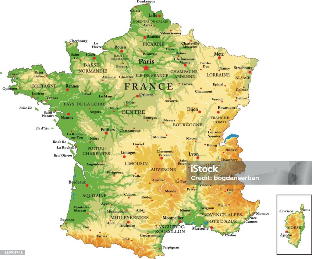 Mappa fisica della Francia - arte vettoriale royalty-free di Carta geografica