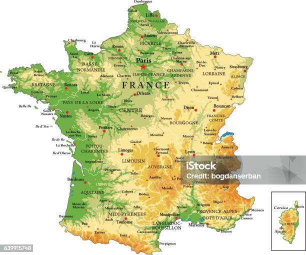 Mappa Fisica Della Francia - Immagini vettoriali stock e altre immagini di Carta geografica - Carta geografica, Francia, Montagna