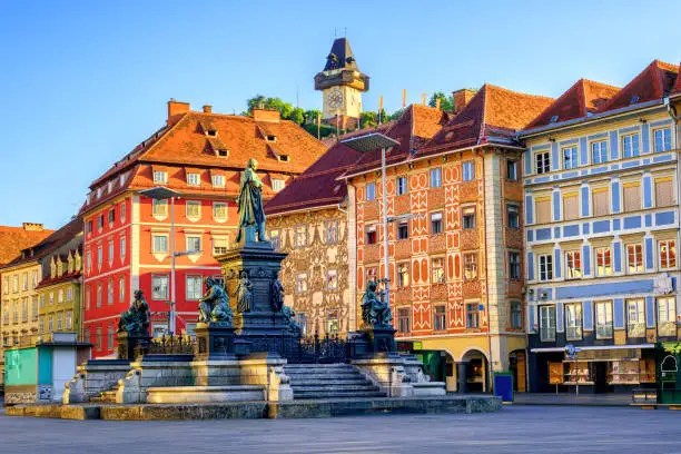 Painted facades and the Clocktower in the old town of Graz, Austria are on UNESCO World Cultural Heritage list