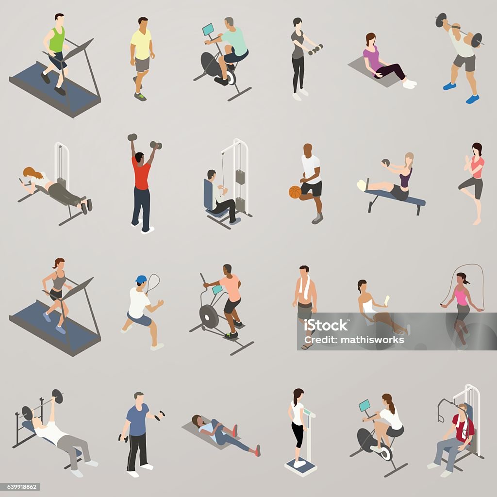 Gym People Working Out Icon Set 24 spot illustrations/icons show people in a gym setting, working out in various ways. Men and women do cardio exercises on treadmills, stationary bikes and an elliptical machine. People lift weights, including dumbbells and barbells, including a bench press, squat, bicep workout and shoulder workout. Others use resistance training machines for legs, back, and chest. Still others stretch, exercise their core/abdominals, and steam in the sauna. One woman weighs herself on the scale as another is jumping rope. One man dribbles a basketball while another plays racquetball. Isometric Projection stock vector