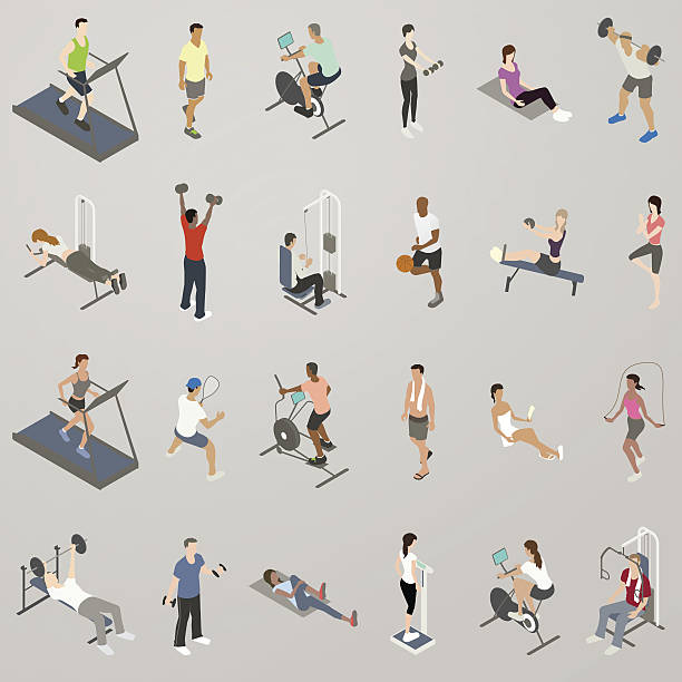 Gym People Working Out Icon Set 24 spot illustrations/icons show people in a gym setting, working out in various ways. Men and women do cardio exercises on treadmills, stationary bikes and an elliptical machine. People lift weights, including dumbbells and barbells, including a bench press, squat, bicep workout and shoulder workout. Others use resistance training machines for legs, back, and chest. Still others stretch, exercise their core/abdominals, and steam in the sauna. One woman weighs herself on the scale as another is jumping rope. One man dribbles a basketball while another plays racquetball. sports training illustrations stock illustrations