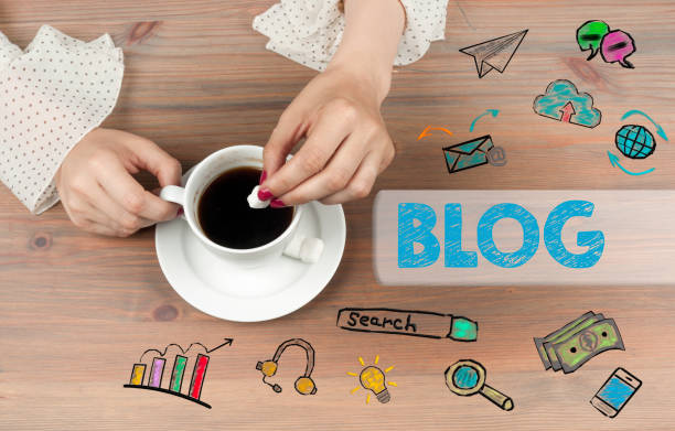 istock Blog concept. Coffee cup top view on wooden table background. 639923106