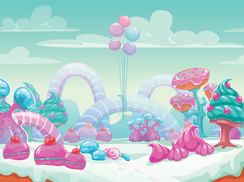 Cool cartoon fantasy sweet world vector background. Candyland landscape illustration.
