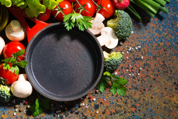 istock empty cast iron skillet and fresh organic vegetables 639927948