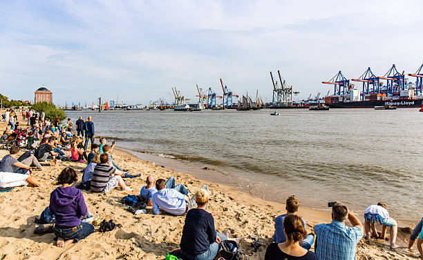 Hamburg, Germany - September 17, 2016: Strandperle bar a location at the river Elbe in Hamburg. Chill-out at the sandy beach with friends and family.