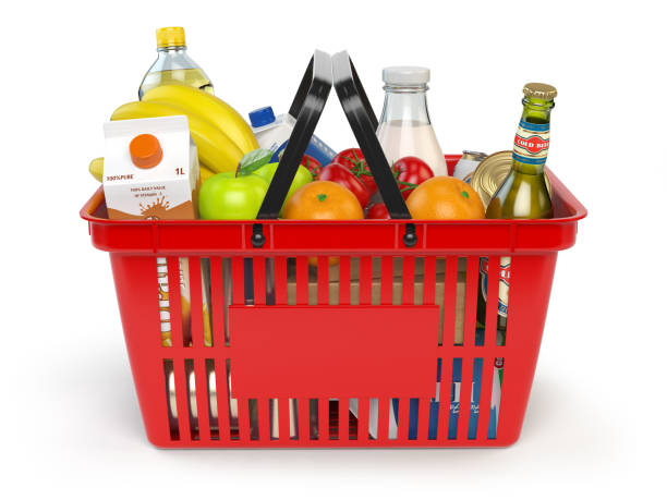 Shopping basket with variety of grocery products isolated on whi Shopping basket with variety of grocery products isolated on white background. 3d illustration fruit cart vendor stock pictures, royalty-free photos & images