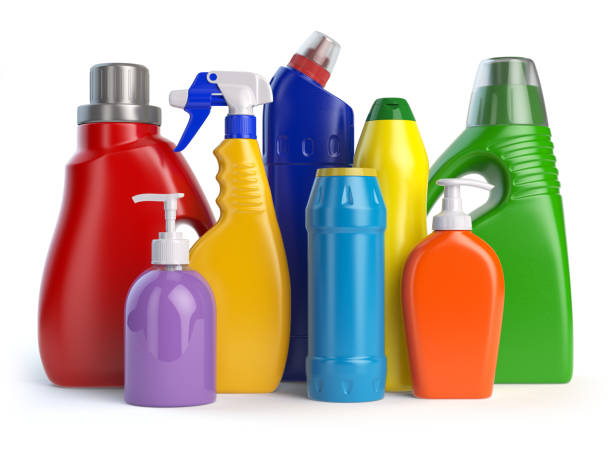 istock Detergent bottles or containers. Cleaning supplies isolated on w 639928934