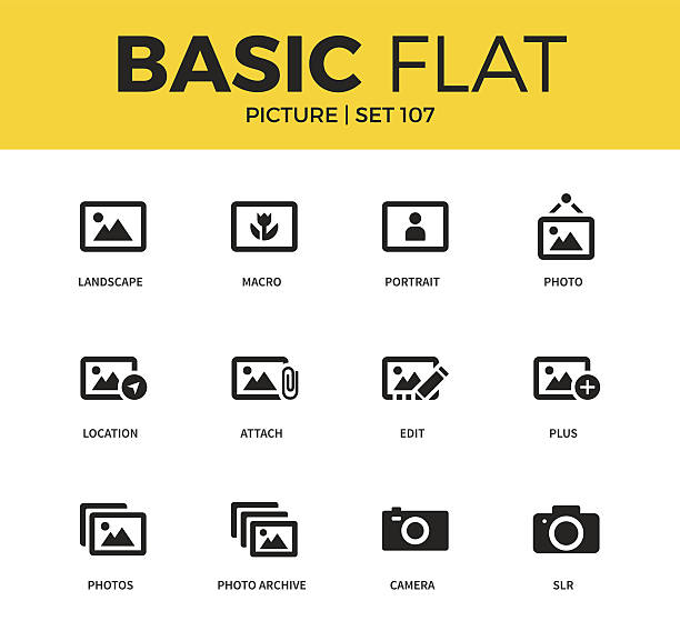 Basic set of Picture icons Basic set of landscape, camera and location icons. Modern flat pictogram collection. Vector material design concept, web symbols and logo concept. pixelated photos stock illustrations