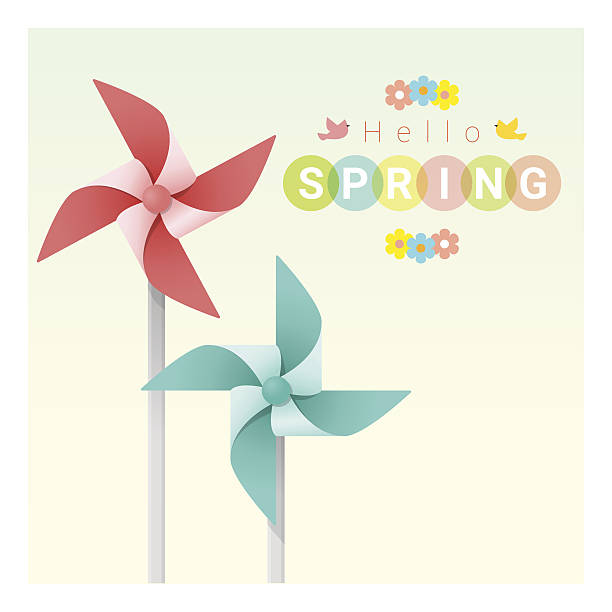 Hello spring background with colorful pinwheels 2 Hello spring background with colorful pinwheels , vector , illustration colorful paper windmill toy stock illustrations
