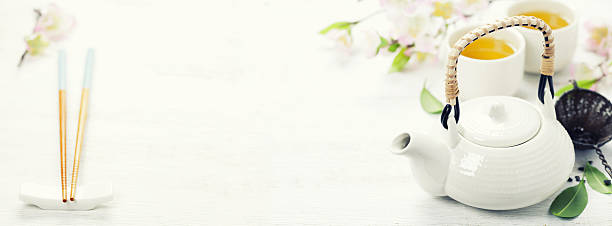 istock Chinese Tea Set and pink sakura blossom 639932450