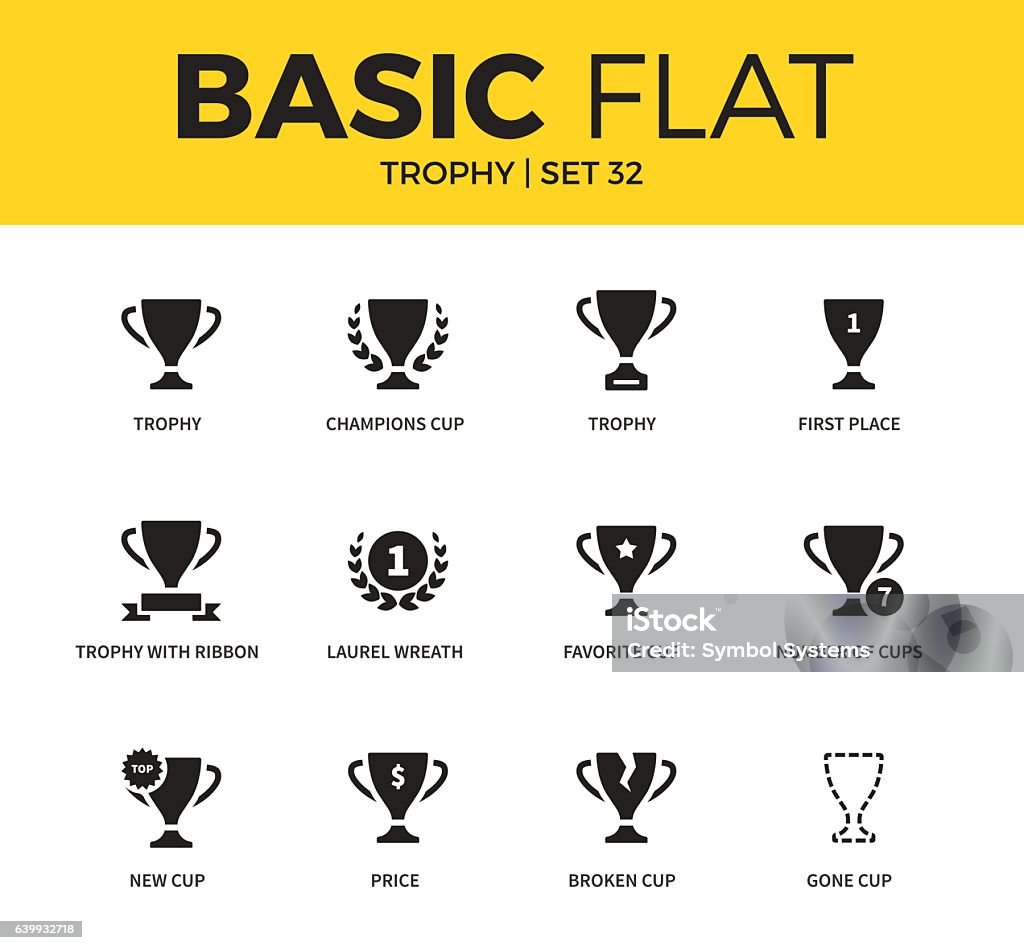 Basic set of Trophy icons Basic set of favorite cup, price place and broken cup icons. Modern flat pictogram collection. Vector material design concept, web symbols and logo concept. Trophy - Award stock vector