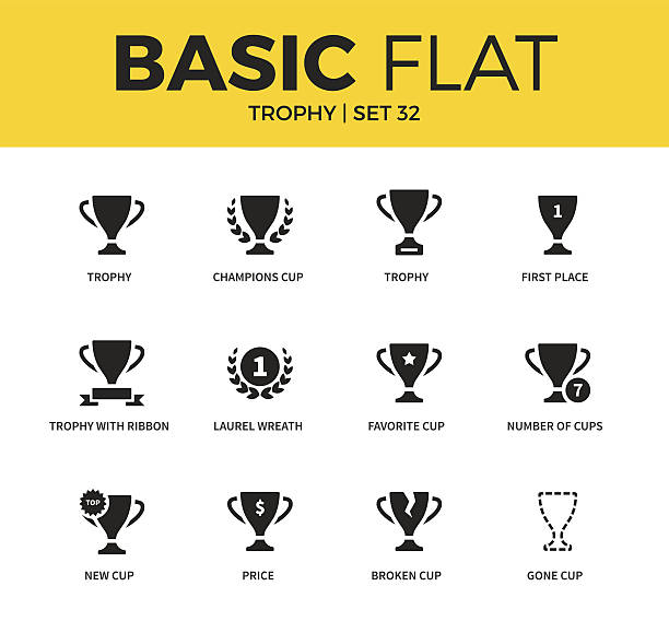 Basic set of Trophy icons Basic set of favorite cup, price place and broken cup icons. Modern flat pictogram collection. Vector material design concept, web symbols and logo concept. championship stock illustrations