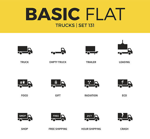 Basic set of Trucks icons Basic set of empty truck, eco and food icons. Modern flat pictogram collection. Vector material design concept, web symbols and logo concept. truck trucking car van stock illustrations