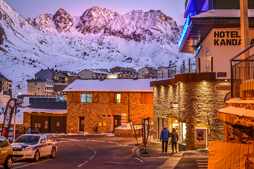 Pas de la Casa, Andorra - December 18, 2016: The beautiful view of the streets of Pas de la Casa at night during the winter time.