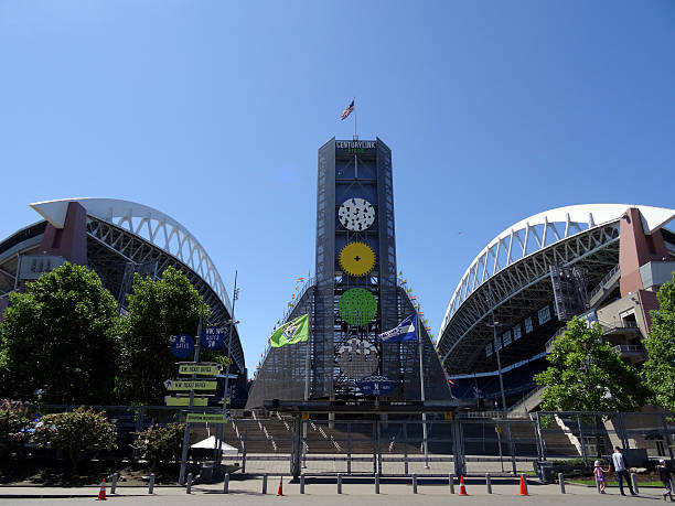 usa flag flies above centurylink, and parking lot - major league soccer imagens e fotografias de stock