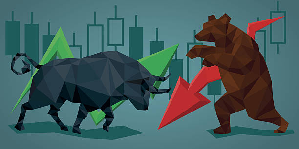ilustraciones, imágenes clip art, dibujos animados e iconos de stock de bajo comercio poli toro y oso. - stock market bull bull market bear