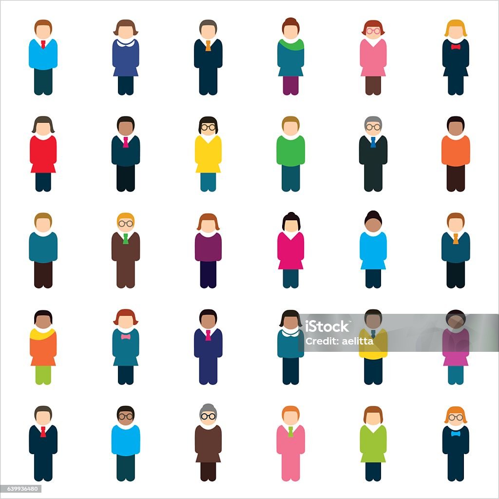 Set of thirty multicolored people icons. Vector illustration of people icons. Stick Figure stock vector