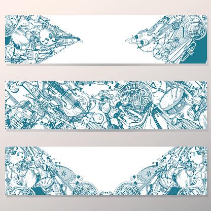 Vector Banners Set. Collection of Music Instruments. Hand drawn Illustration in Doodle Style.