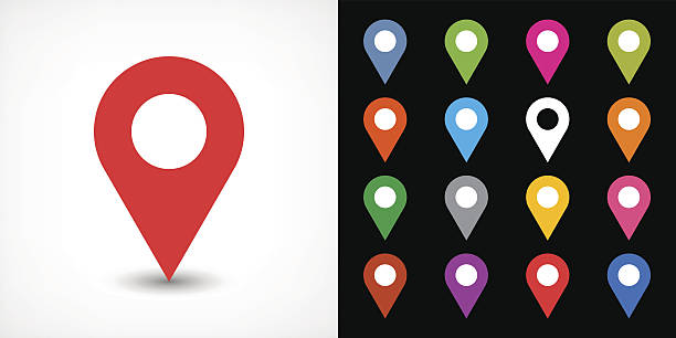 Color map pin sign location icon with drop shadow Map pin sign location icon with drop shadow in flat simple style. White, blue, cobalt, yellow, green, red, magenta, orange, pink, violet, purple, gray, brown shapes on black background Vector 8 EPS locator map stock illustrations