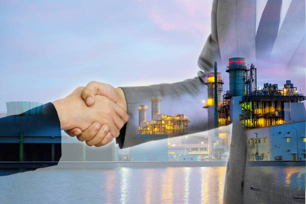 istock Double exposure of business women double handshake 639951836