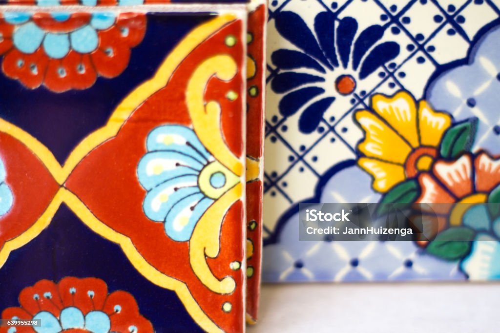 Colorful Geometric Mexican Tiles Colorful vibrant geometric Mexican (Talavera) tiles. Art Stock Photo